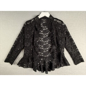 Y2K Vtg Black Lace Ruffle Front Cardigan Blazer Jacket Sz S Sequin Whimsigoth